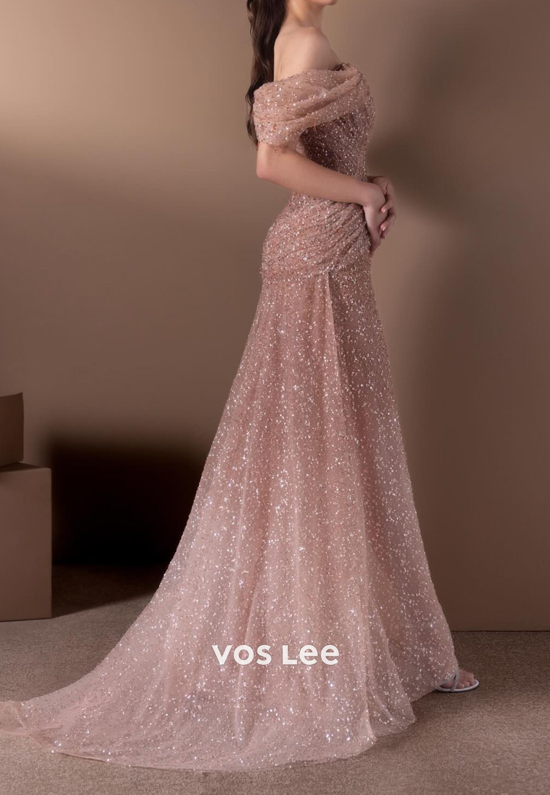Sparkling Off the Shoulder Sequins Mermaid Floor-Length Pleat Evening Dresses Gliiter Dress