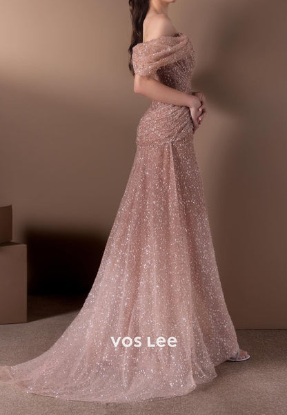 Sparkling Off the Shoulder Sequins Mermaid Floor-Length Pleat Evening Dresses Gliiter Dress