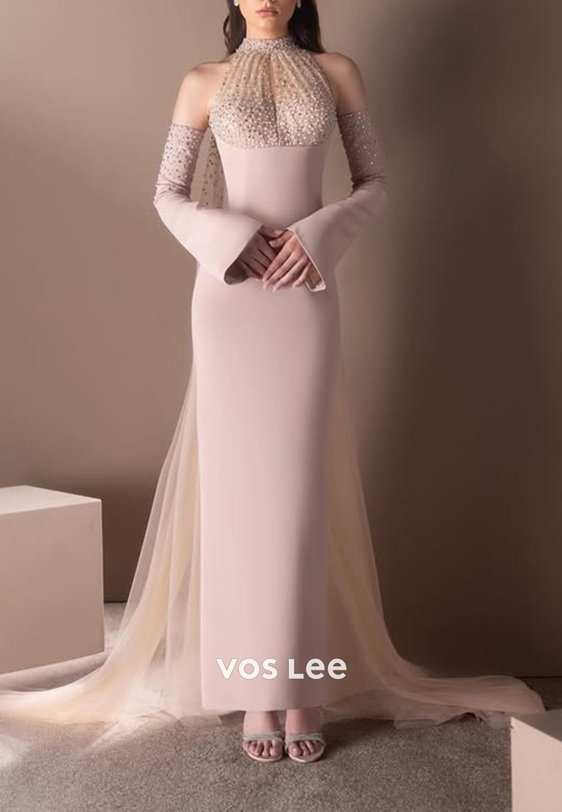 Elegant Pink Beading Pearls With Detachable Sleeves Cloumn Long Formal Dress
