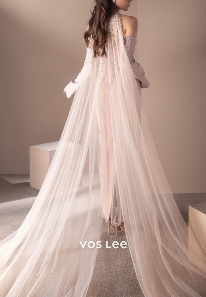Elegant Pink Beading Pearls With Detachable Sleeves Cloumn Long Formal Dress