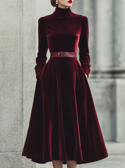 Burgundy Velvet Dress With A Belt
