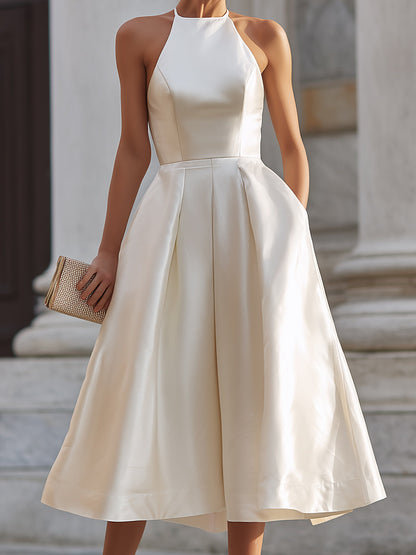 Halter-Neck Pleated Midi Dress