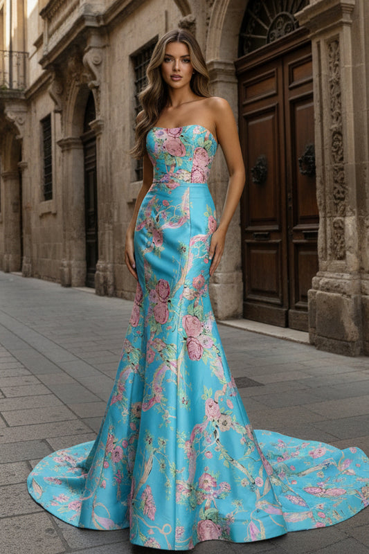 Mermaid Strapless Floral Satin A-Line Prom Dress
