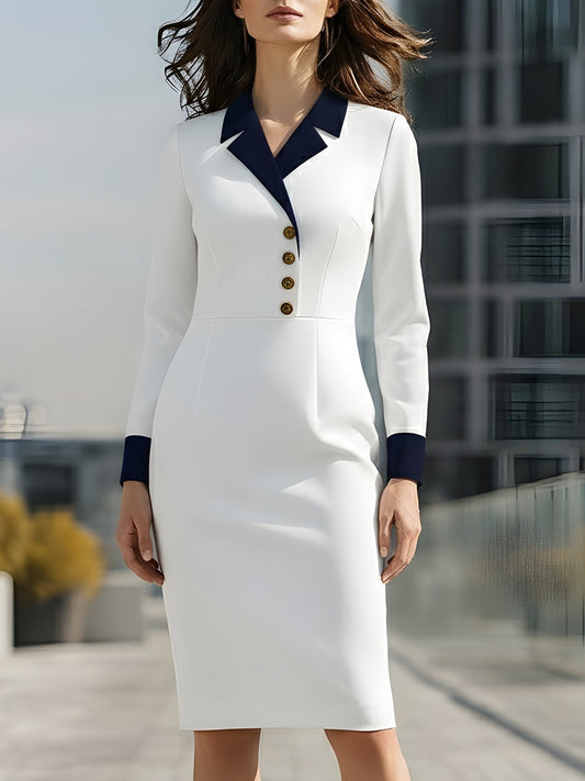 White Contrast-Collar Midi Dress With Gold Buttons