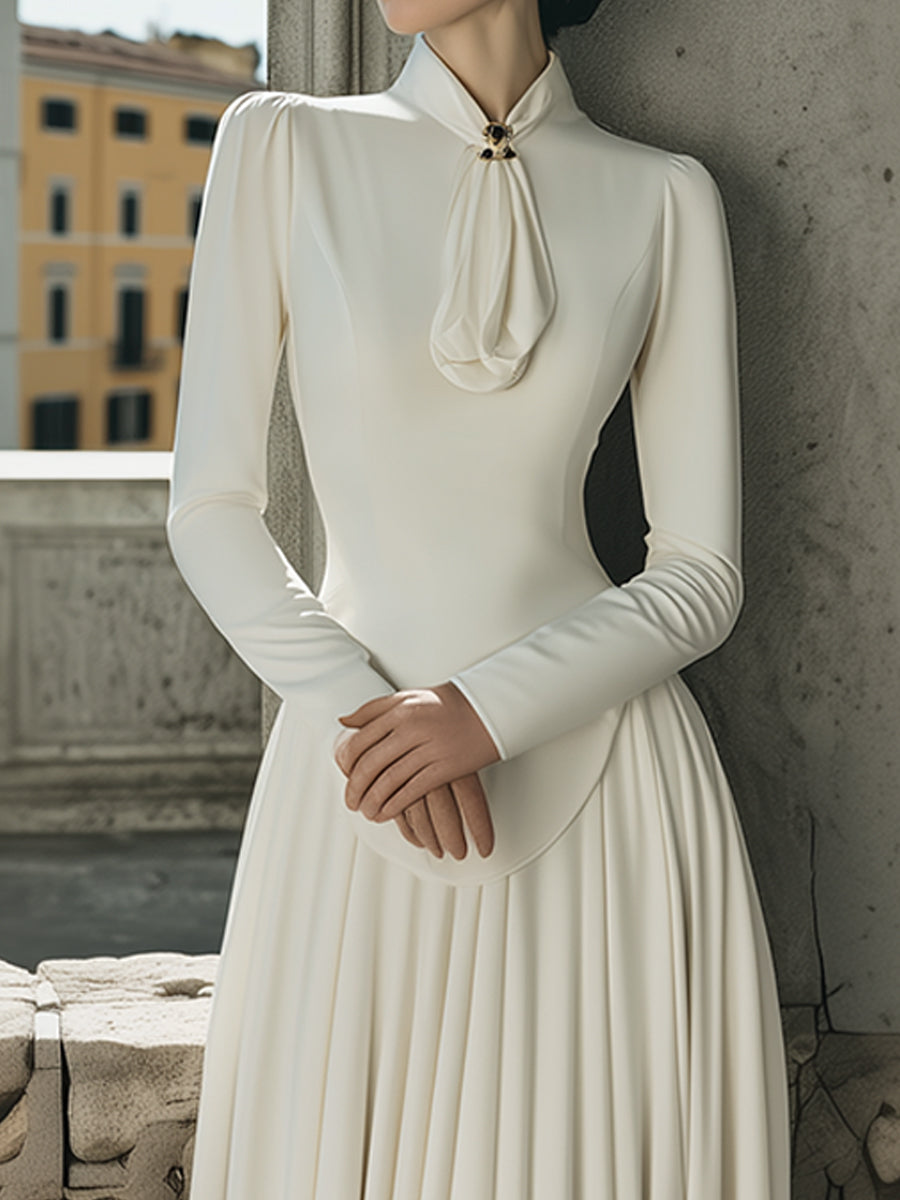 Elegant Plain Maxi Dress With Scarf-Tie Collar