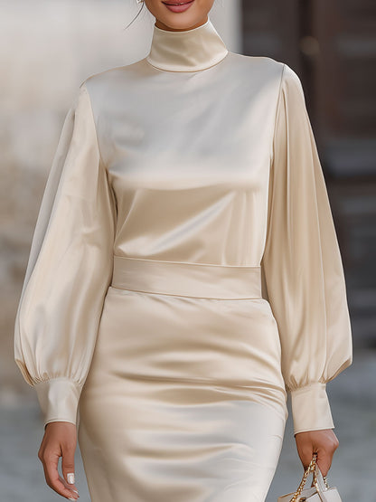 VOS LEE Presents The Luxurious Champagne Satin Turtleneck Midi Dress