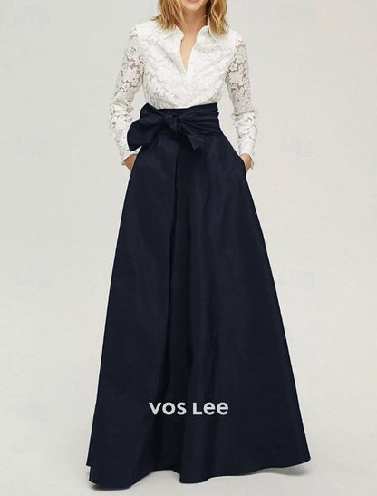 White Lace Blouse & Navy Maxi Skirt Set | High Waist Bow Detail Formal Skirt with Pockets