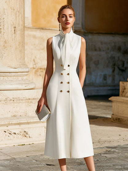 Sleeveless Tie-Neck Double-Breasted Midi Dress