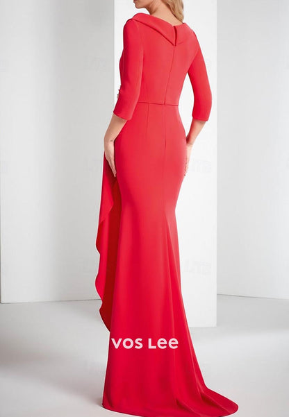 Long Sleeves Floral Embossed Formal Pleated Evening Dress  with Sweep Train