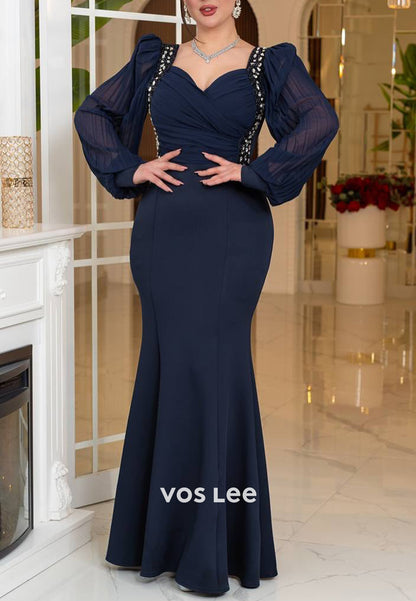 Long Sleeve Sweetheart Rhinestone Beading Embellished Mermaid Evening Dresses
