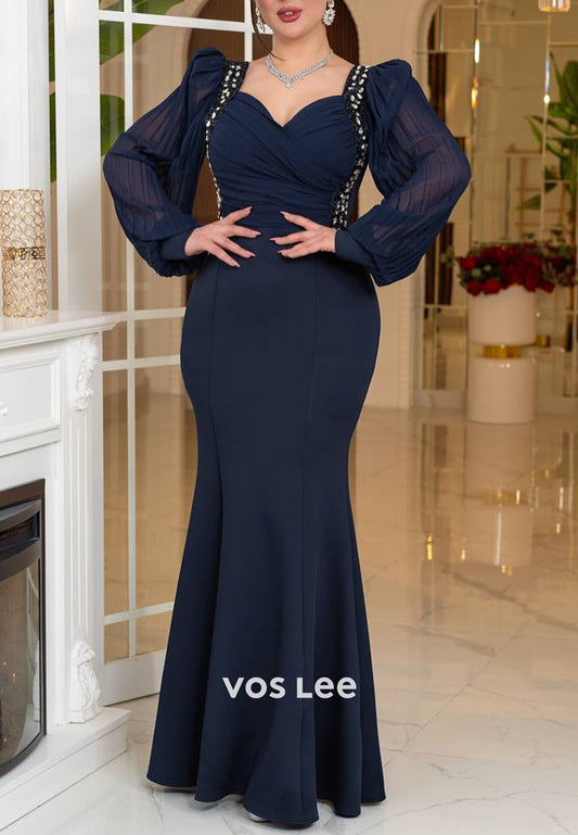 Long Sleeve Sweetheart Rhinestone Beading Embellished Mermaid Evening Dresses