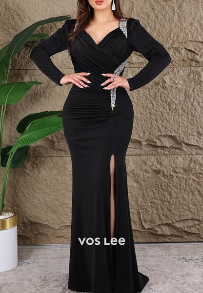 Long Sleeve V Neck Rhinestone Embellished Pleated Evening Dresses with High Split