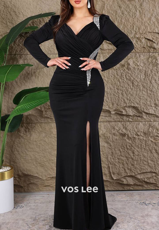 Long Sleeve V Neck Rhinestone Embellished Pleated Evening Dresses with High Split