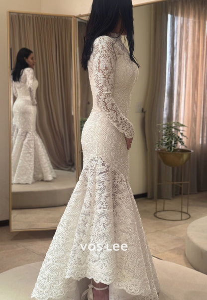 High Neck Lace Mermaid Wedding Dress Long Sleeve Intricate Bridal Gown