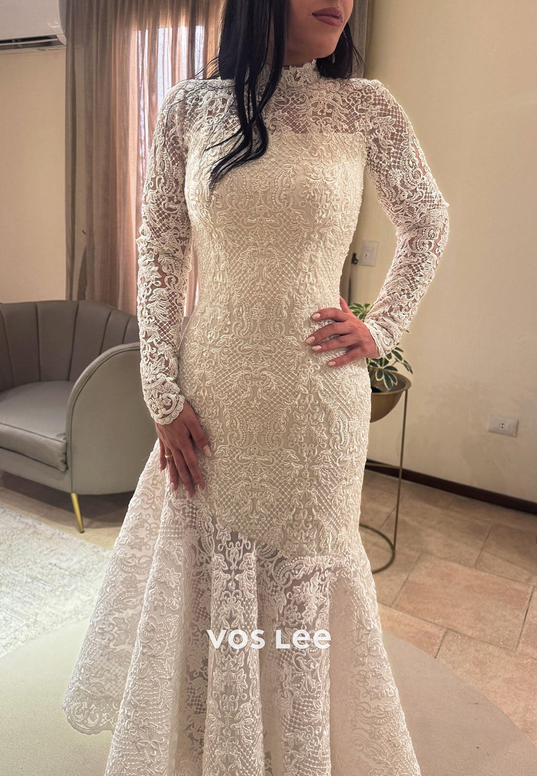 High Neck Lace Mermaid Wedding Dress Long Sleeve Intricate Bridal Gown