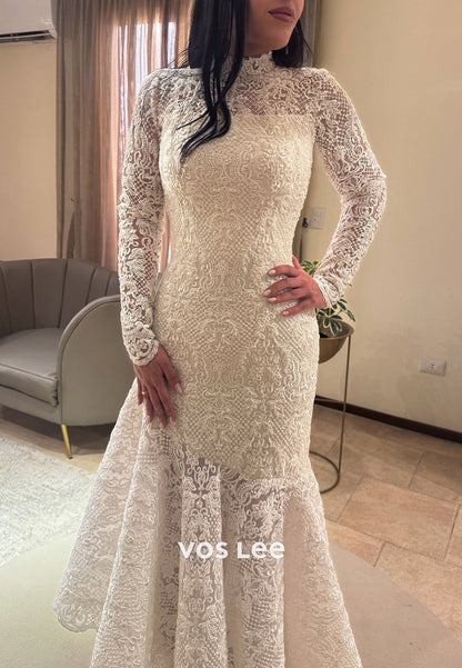 High Neck Lace Mermaid Wedding Dress Long Sleeve Intricate Bridal Gown