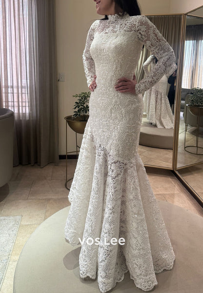 High Neck Lace Mermaid Wedding Dress Long Sleeve Intricate Bridal Gown
