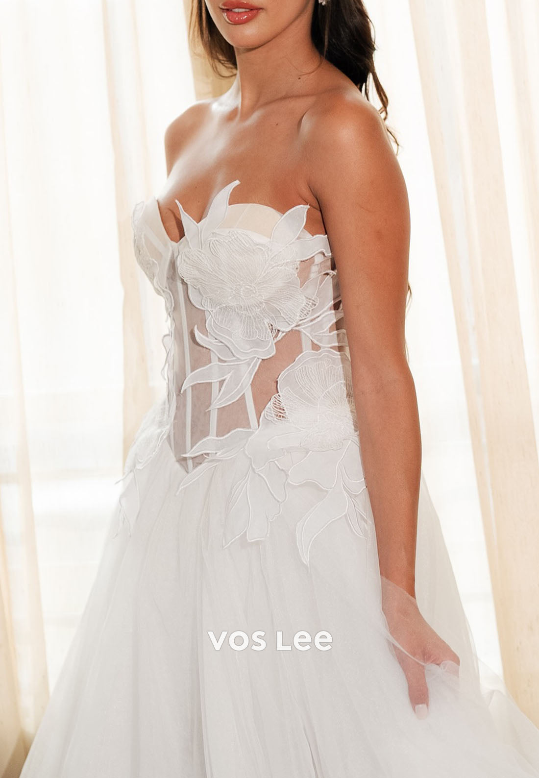 A-Line Strapless Floral Tulle Wedding Dress Sheer Corset Bridal Gown