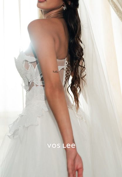 A-Line Strapless Floral Tulle Wedding Dress Sheer Corset Bridal Gown