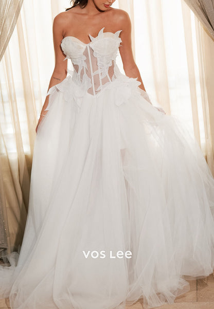 A-Line Strapless Floral Tulle Wedding Dress Sheer Corset Bridal Gown
