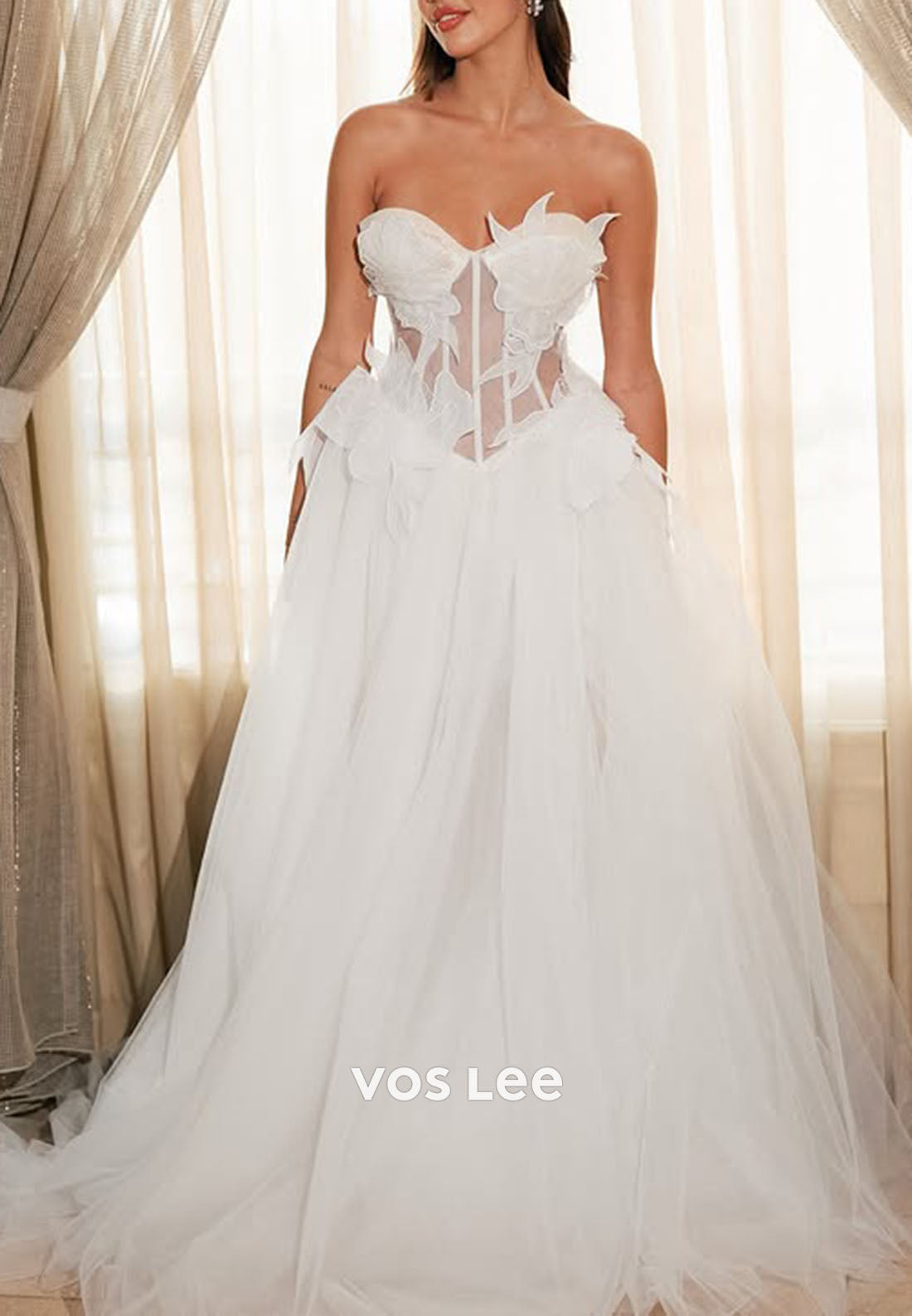 A-Line Strapless Floral Tulle Wedding Dress Sheer Corset Bridal Gown