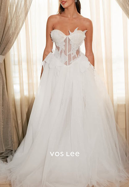 A-Line Strapless Floral Tulle Wedding Dress Sheer Corset Bridal Gown