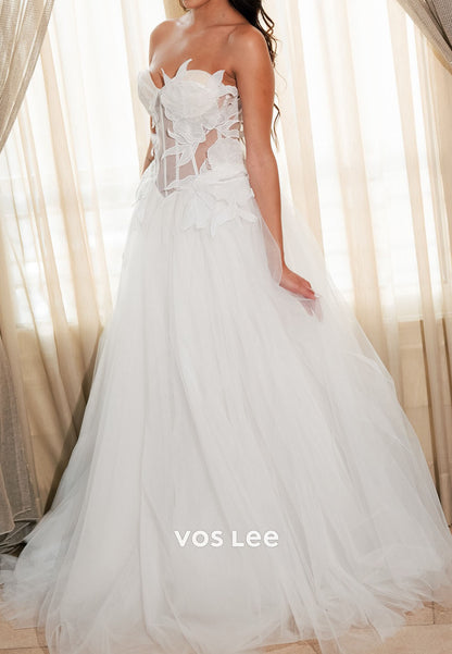 A-Line Strapless Floral Tulle Wedding Dress Sheer Corset Bridal Gown