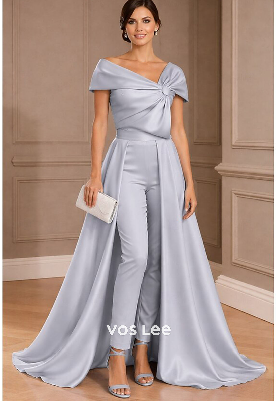 Off-the-Shoulder Jumpsuit with Overskirt Satin Formal Pant Suit for Mother of the Bride