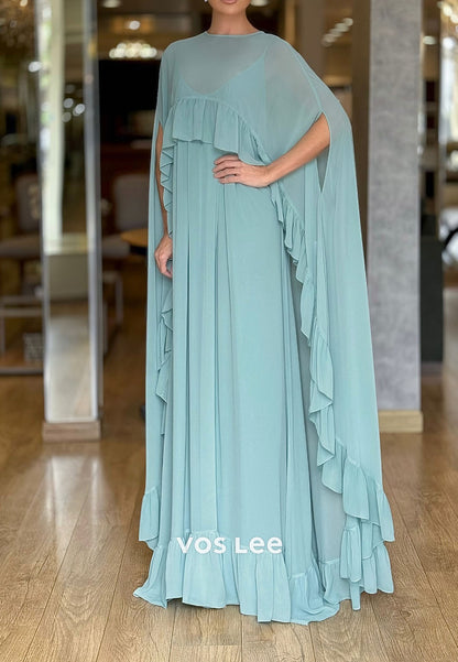 O-Neck Cap Sleeves Evening Dress Mother Gowns Pleated Floor Length Dress