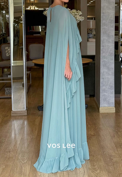 O-Neck Cap Sleeves Evening Dress Mother Gowns Pleated Floor Length Dress