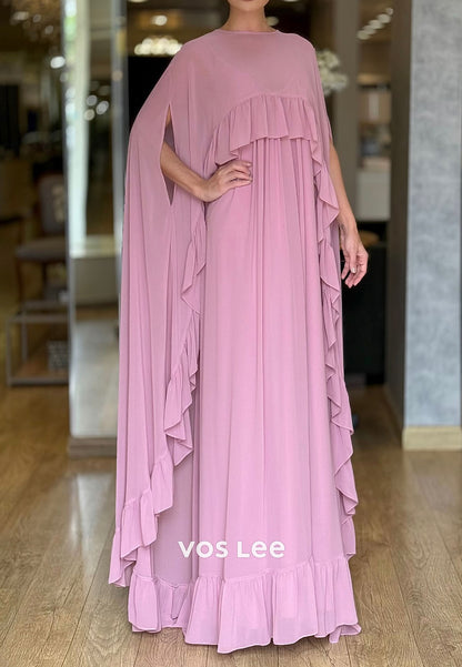O-Neck Cap Sleeves Evening Dress Mother Gowns Pleated Floor Length Dress