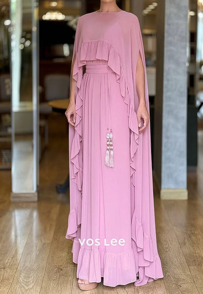 O-Neck Cap Sleeves Evening Dress Mother Gowns Pleated Floor Length Dress
