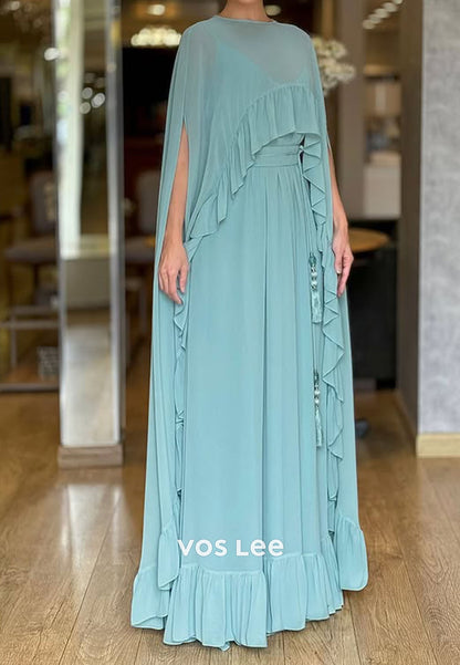 O-Neck Cap Sleeves Evening Dress Mother Gowns Pleated Floor Length Dress