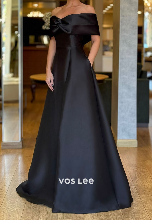 Black A-Line Prom Dresses Floor-length Off The Shoulder Evening Gown