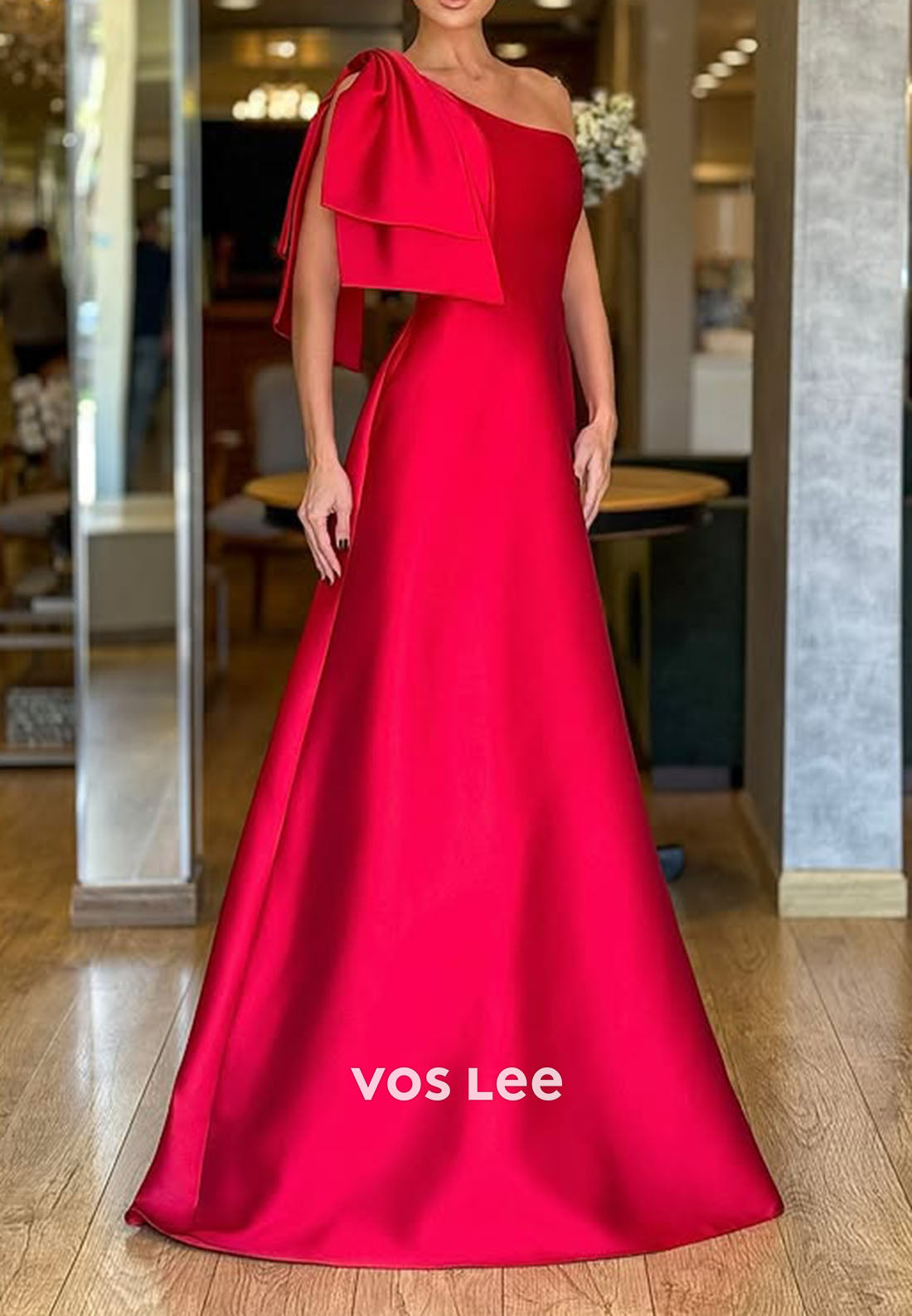 Elegant Red Satin Evening Dresses One Shoulder Formal Events Prom Gowns