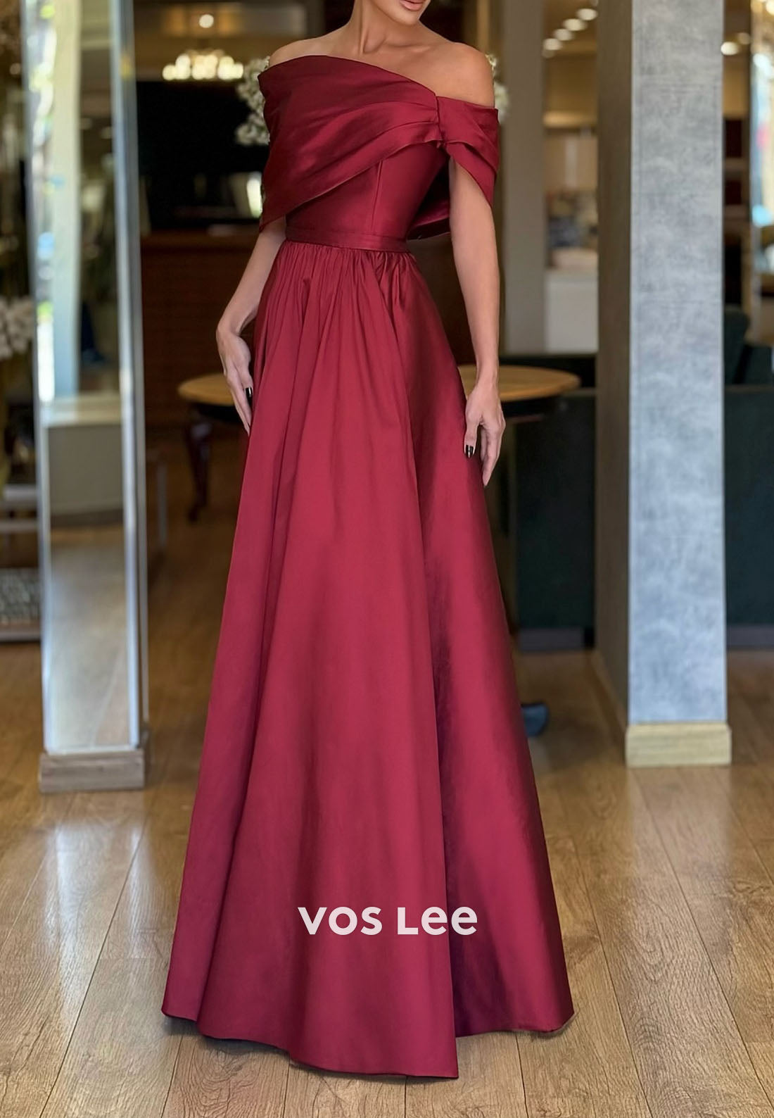 Elegant Burgundy Off the Shoulder A-Line Evening Dress Satin Vintage Sweep Train Prom Dress