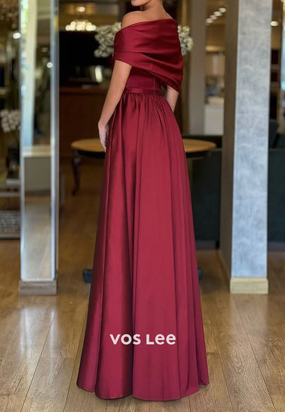 Elegant Burgundy Off the Shoulder A-Line Evening Dress Satin Vintage Sweep Train Prom Dress