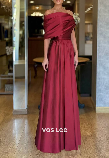 Elegant Burgundy Off the Shoulder A-Line Evening Dress Satin Vintage Sweep Train Prom Dress