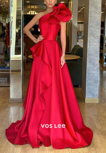 Elegant Orange One Shoulder Ruffles A Line Evening Dresses Prom Gowns