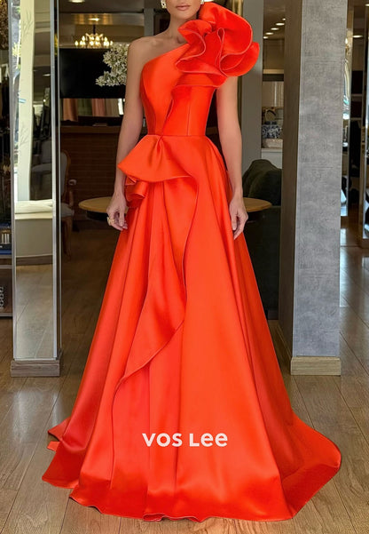 Elegant Orange One Shoulder Ruffles A Line Evening Dresses Prom Gowns