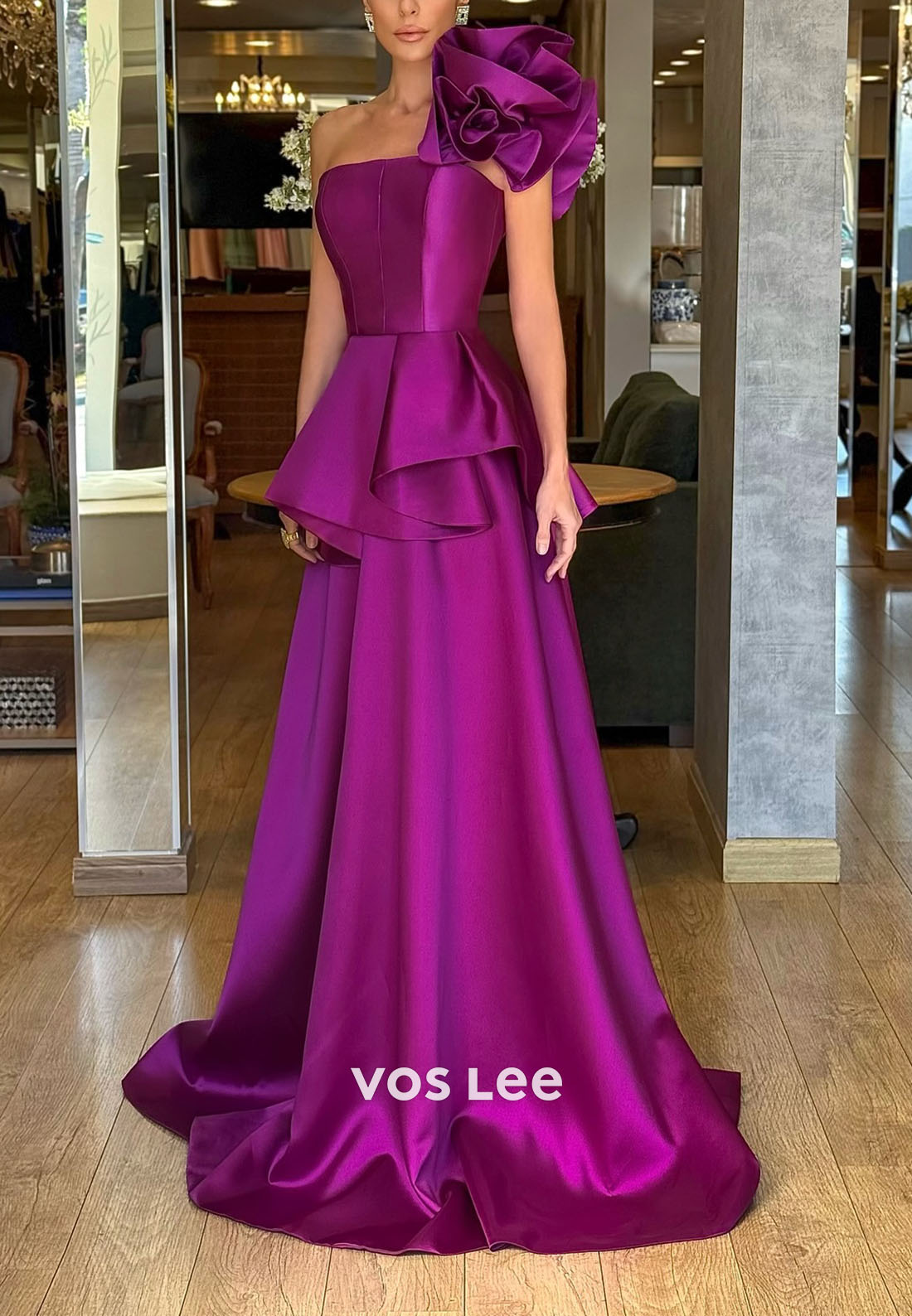 Elegant Purple One Shoulder Ruffles A Line Evening Dresses Prom Gowns