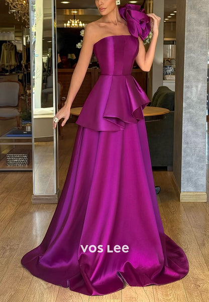 Elegant Purple One Shoulder Ruffles A Line Evening Dresses Prom Gowns