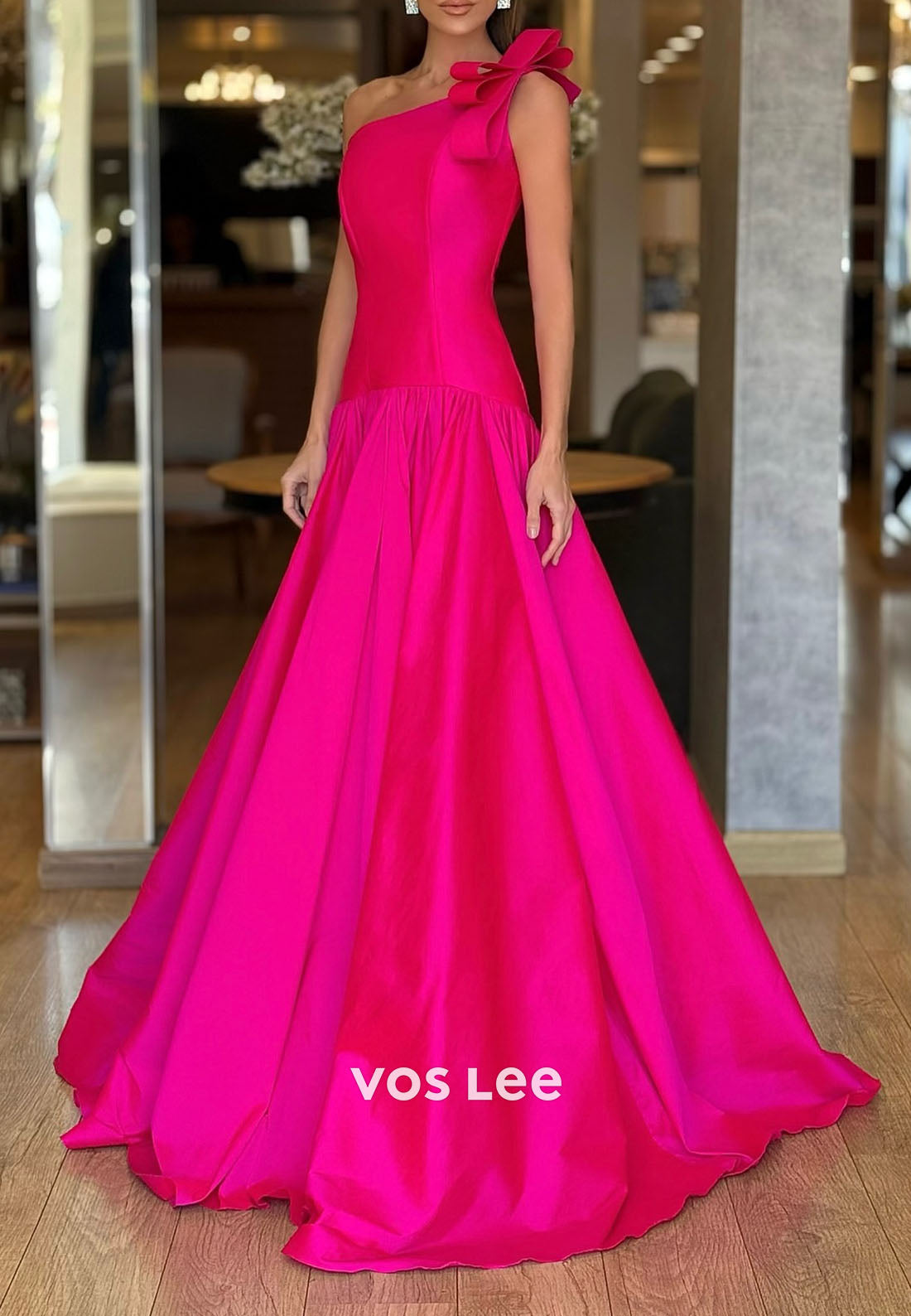 Elegant Fuchsia One Shoulder Satin Evening Dresses Formal Events Prom Gowns