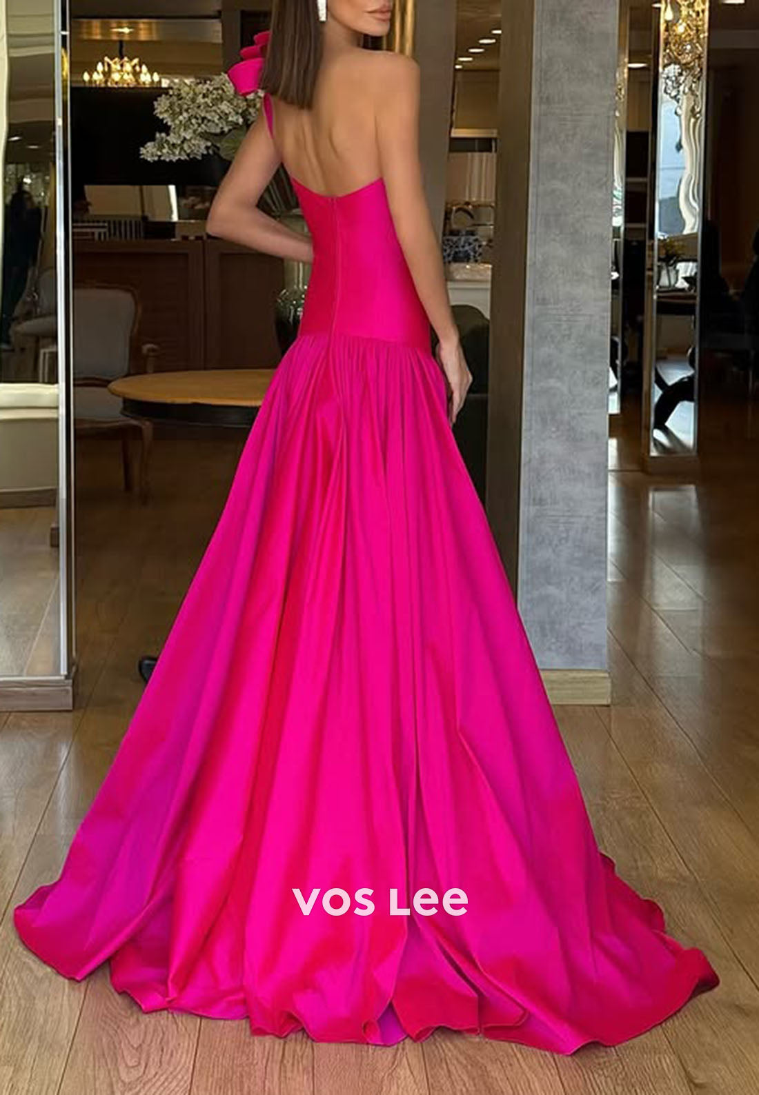 Elegant Fuchsia One Shoulder Satin Evening Dresses Formal Events Prom Gowns