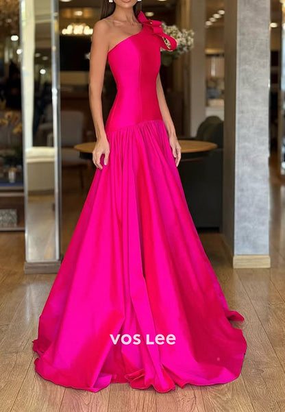 Elegant Fuchsia One Shoulder Satin Evening Dresses Formal Events Prom Gowns