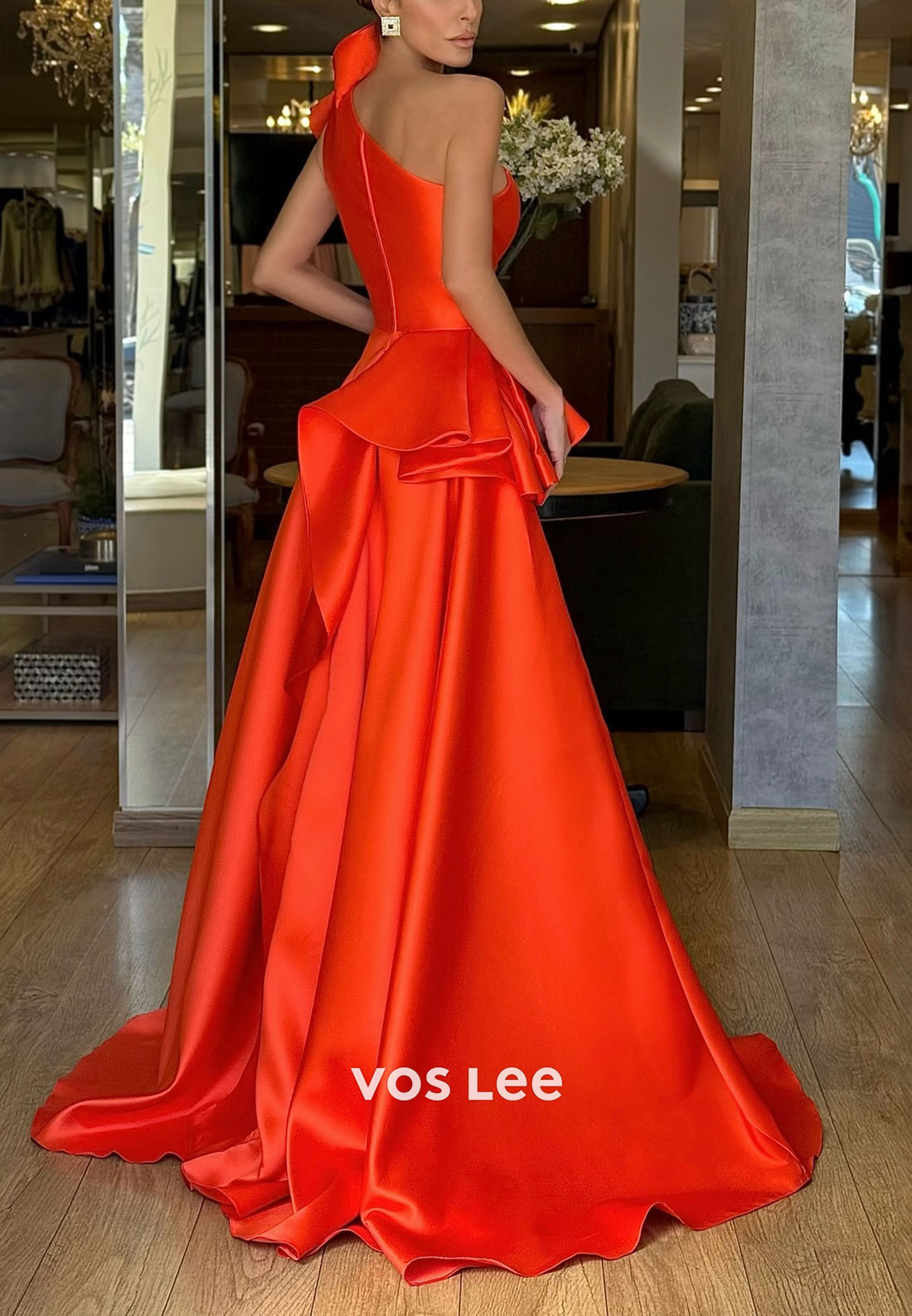 Elegant Orange One Shoulder Ruffles A Line Evening Dresses Prom Gowns