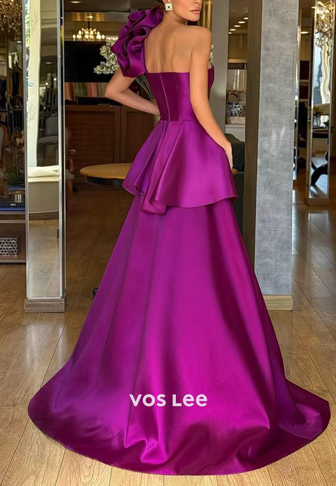 Elegant Purple One Shoulder Ruffles A Line Evening Dresses Prom Gowns