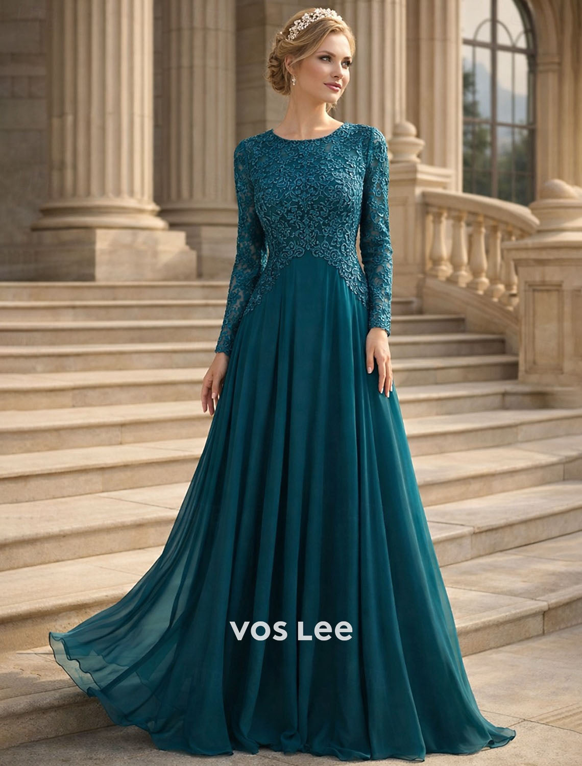 Royal Blue Lace & Chiffon Evening Gown | Long Sleeve Round Neck Formal Dress