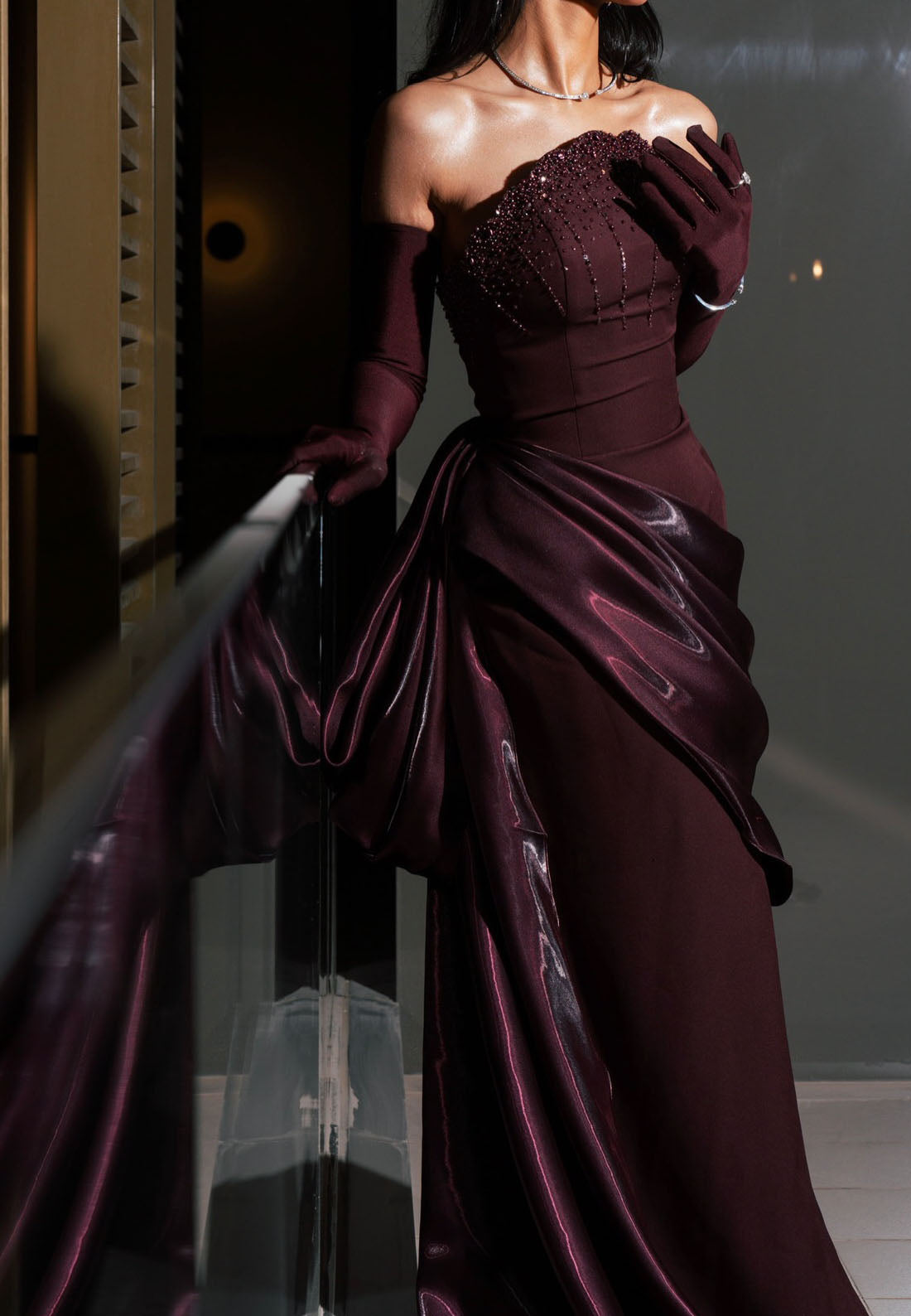 Luxury Draped Satin Formal Dress | Burgundy Strapless Gown with Long Train