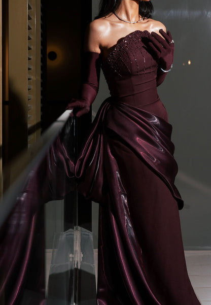 Luxury Draped Satin Formal Dress | Burgundy Strapless Gown with Long Train